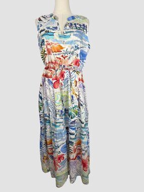 Charlee Sleeveless Cotton Maxi Dress Size M Watercolor Tropical Print Coastal